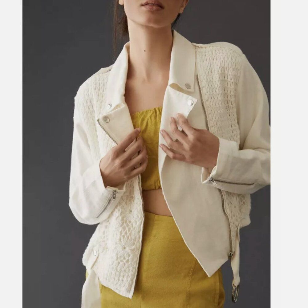 Anthropologie Crochet Canvas Moto Jacket White (xsmall) preppy floral crop work